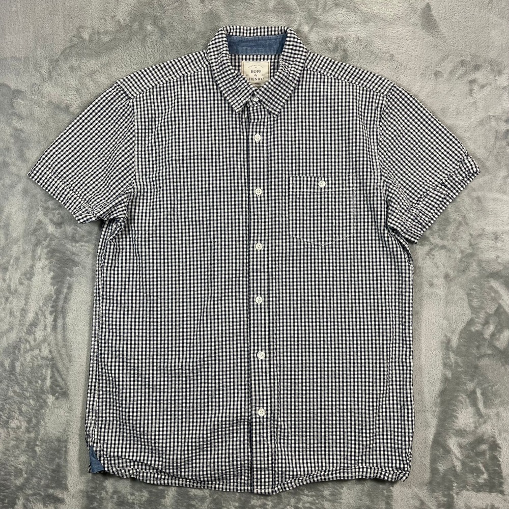 Hope & Henry Windowpane Seersucker Button Shirt Mens L Navy White Short Sleeve